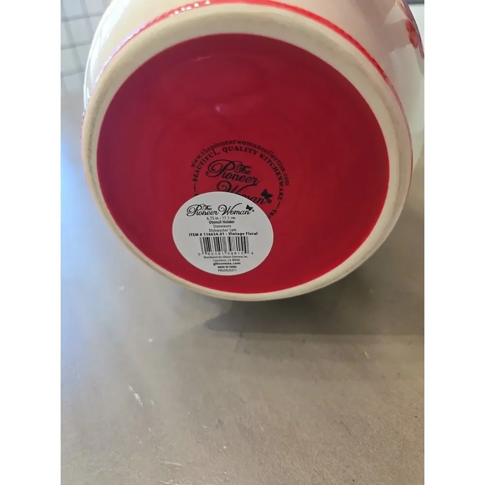 Pioneer Woman Red & White Utensil Holder Floral Stoneware Farmhouse Kitchen